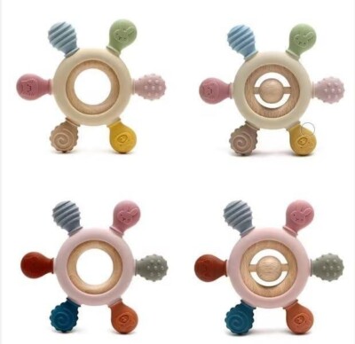 silicone teether baby teether wood ring teething toy(Bulk Sets)