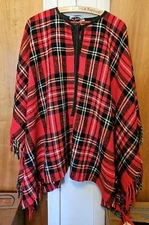 VTG Mary Mackenzie Boutique Cape Shawl Poncho Plaid Red/Black USA One Size