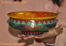 6.6"Tibet temple beeswax Bronze filigree Turquoise gem Tea cup Bowl Bowls statue
