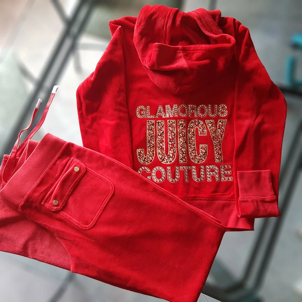 NEU JUICY COUTURE Damen Blau Grau Rosa Rot Velour Jacke Hose Training Anzug $650 - Bild 2 von 4