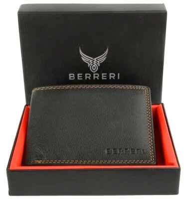 Mens 100% Genuine Leather Wallet RFID Safe Card Holder Quality BERRERI Gift Box