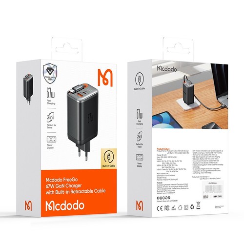 Mcdodo FreeGo EU Fast Charger 67W With USB-C Cable Retractable Display 3 Ports - 第 7/12 張圖片