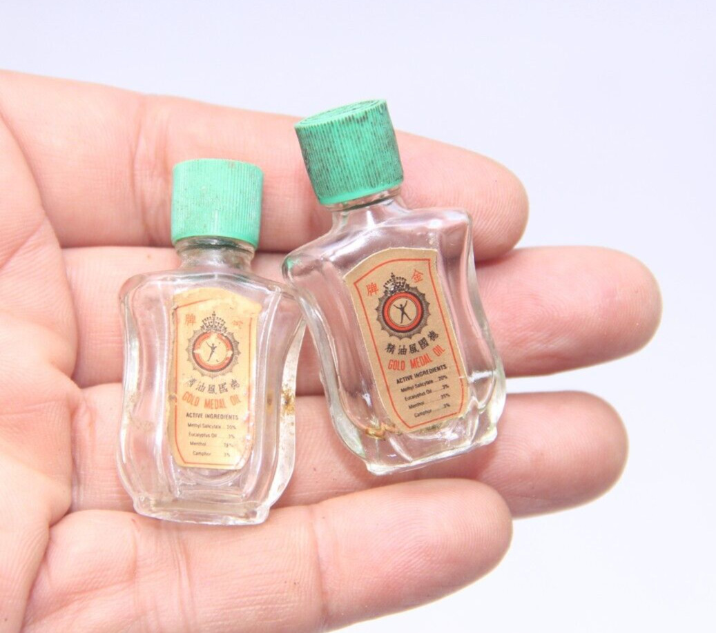 2 piezas vacías pequeñas botellas de aceite de la marca de medalla de oro col...