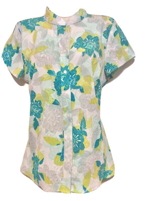 christopher banks M floral blouse button down short sleeve white green yellow