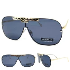 Mens Women Modern Retro Shield Style SUN GLASSES Large Gold Frame Dark Tint Lens