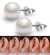 4A White Genuine Cultured Freshwater Pearl Stud Earrings - 925 Sterling Silver