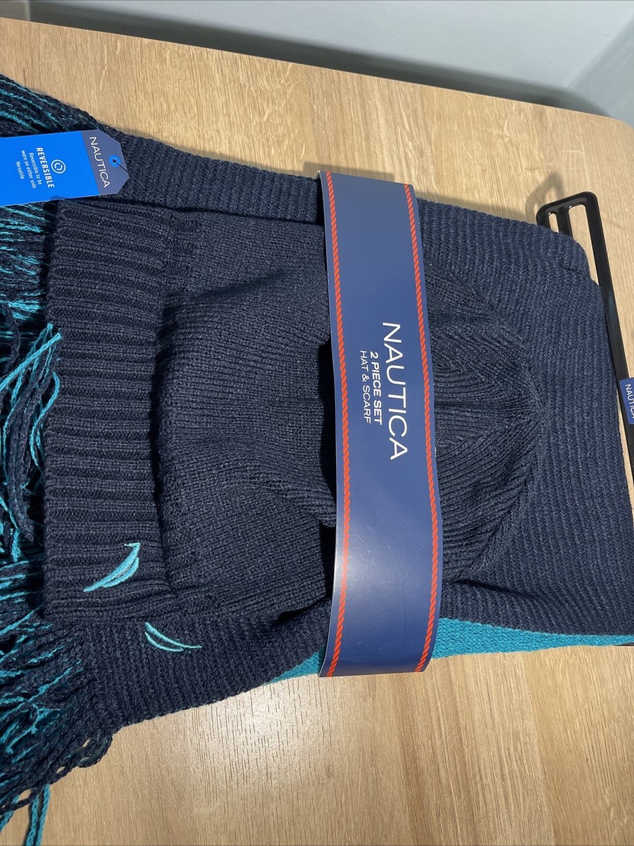 NAUTICA Logo Knit Hat Scarf Piece Set Navy And Aqua New