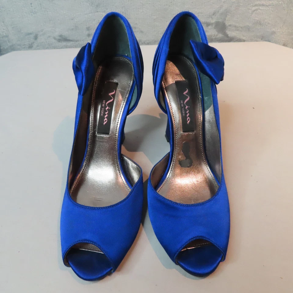 NINA 高跟鞋女式 6 码蓝宝石蓝色钴缎皮革鞋底 D'orsay — 第 2/4 张图片