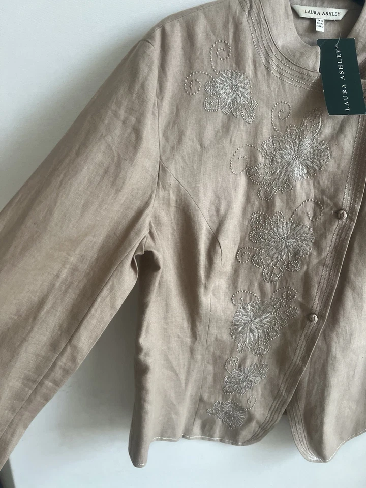 Vintage Laura Ashley Linen, Floral Embroidered, Nutmeg Jacket/Top; Size 16 - Image 3 of 4