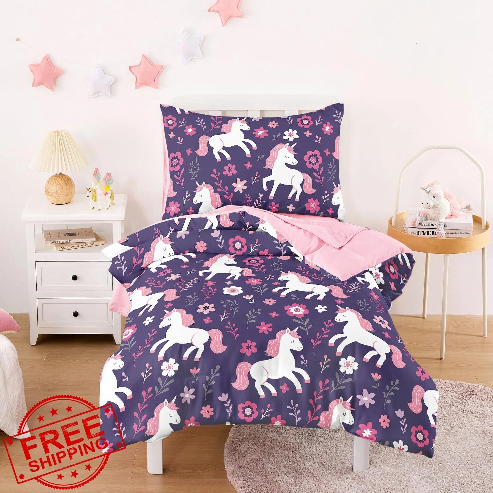 Wake In Cloud Toddler Bedding Set Girls, Unicorn Floral, 4pc Crib Set