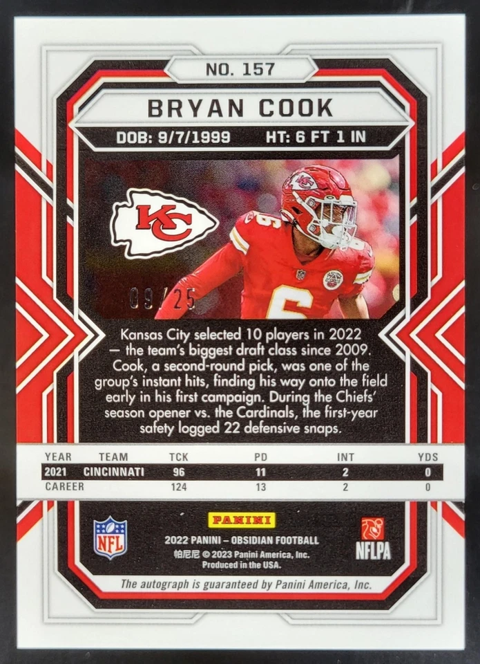 2022 Panini Obsidian Bryan Cook Rookie Autos Electric Etch Yellow /25 Chiefs CN - Image 2 of 4