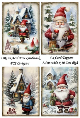 Vintage Christmas Gnomes Gnome Santa Hats House 4 x Card Topper Craft Journal - image 1 of 2