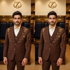 Brown Men's Suits Business Workwear Jacket 3Pcs Slim Fit Appliques Coat Blazer