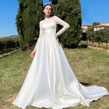 Long Sleeve Lace Applique ALine Satn Wedding Dress High Waist A Line Bridal Gown