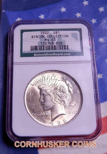 1922 BINION HOARD COLLECTION PEACE SILVER DOLLAR MS 63 ~ BRIGHT COIN 👀