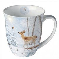 Porzellan Tasse Reh Mit Rotkehlchen Landhausstil 0,4 L Teetasse Kaffeetasse