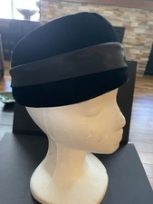 Vintage 1950s Black Velour  Satin Pillbox Hat  Minimalist Cocktail Style