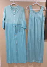 Vtg. Lorraine Nightgown  Robe Women Blue Med Silky Flower Applique