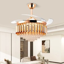 47" Crystal Chandelier Retractable Ceiling Fan 3 Color Change LED Light w/Remote