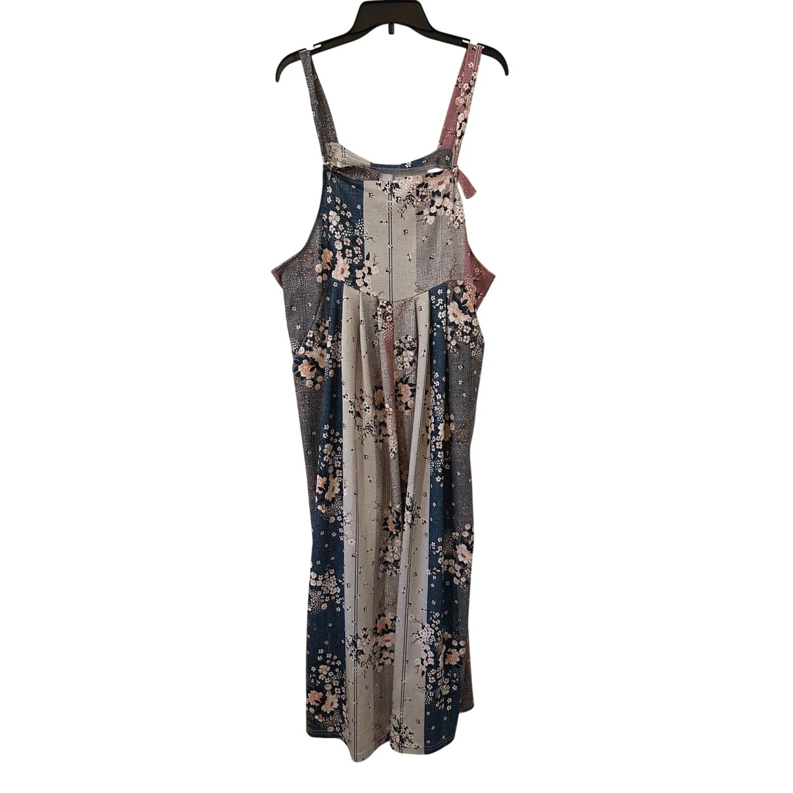 Floral Patchwork Wide Leg Jumpsuit XL Pink Blue Boho Sleeveless Pockets Festival