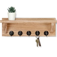 Wall Key Holder, Rustic Shelf with Hooks Made of Paulownia Wood Holds Keys, D...