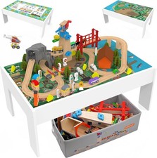 2-in-1 Wooden Train  Activity Table w/ 112-Piece Set Reversible STEM Kids