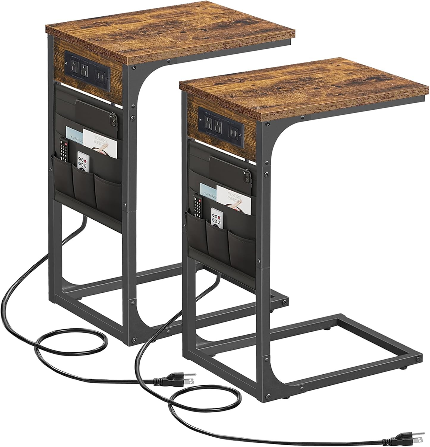 TUTOTAK 2-Pack Brown C-Shaped End Table with 11.8W Charging Station
