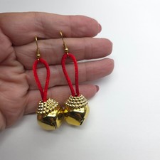 Gold Tone Metal Christmas Bell Red Satin Ribbon Dangle Pierced Earrings Vintage