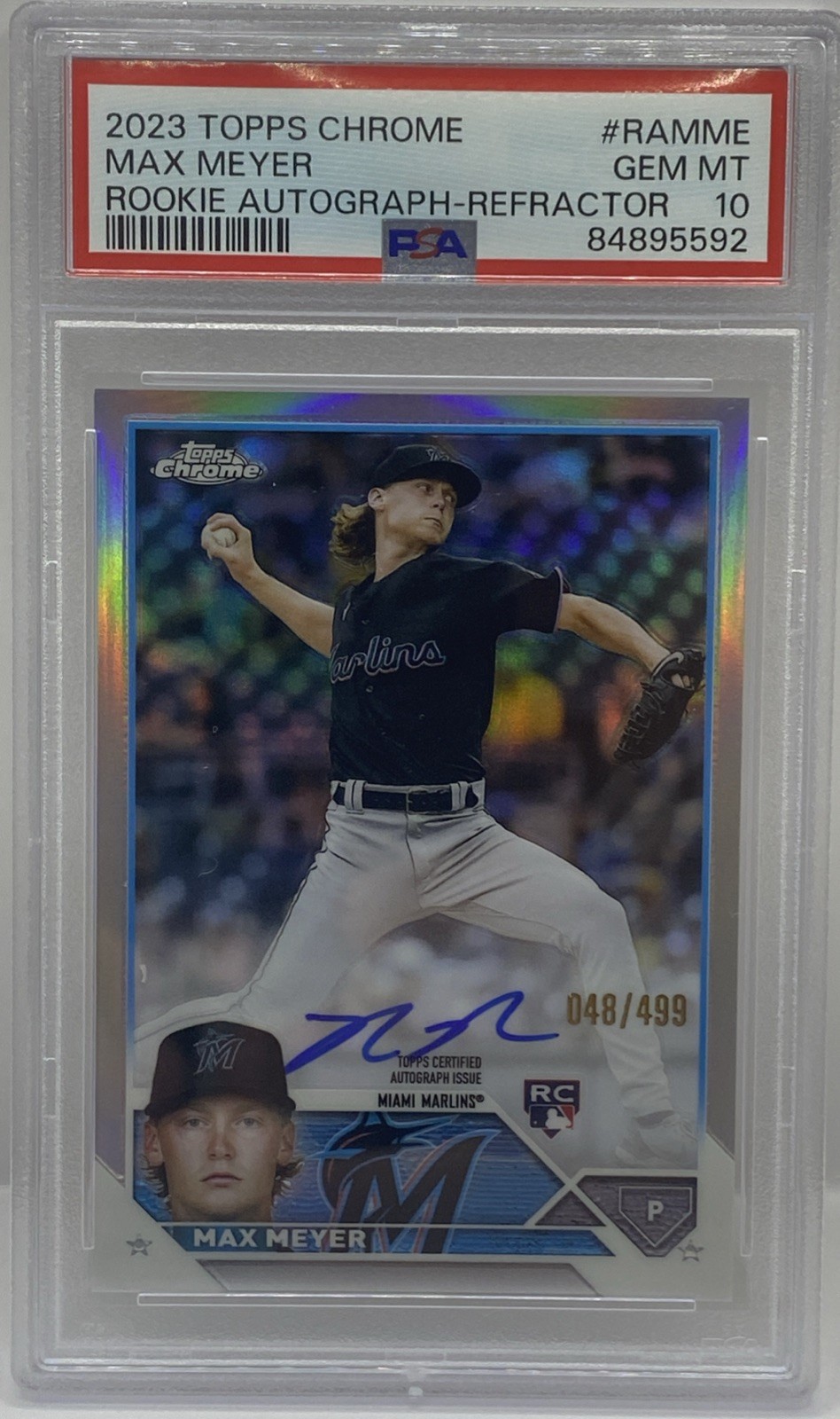 MAX MEYER 2023 TOPPS CHROME ROOKIE AUTOGRAPH REFRACTOR AUTO #/499 PSA 10 MARLINS