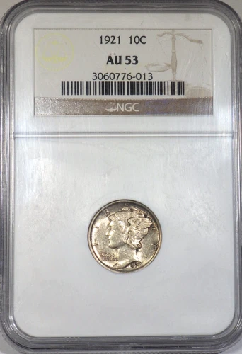 1921 Mercury Dime NGC graded AU 53   Better Grade 21 Merc Priced Below Greysheet