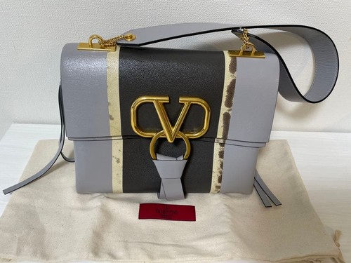 Valentino V-logo Shoulder Bag Blue-gray Leather Snakeskin Gold Hardware