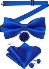 Mens Satin Pre-tied Bowtie Shiny Solid Bow Tie and Pocket Square Cufflinks Lapel