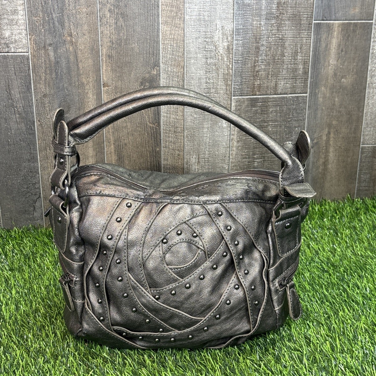 00’s archive moussy leather y2k grunge 2 Vintage Y2K Metallic Brown Gray Studded Top Handle Shoulder Bag