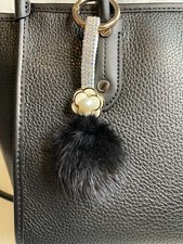 Camellia Flower Black Pompom Bag Charm Keychain Key Ring Car Charm Bling