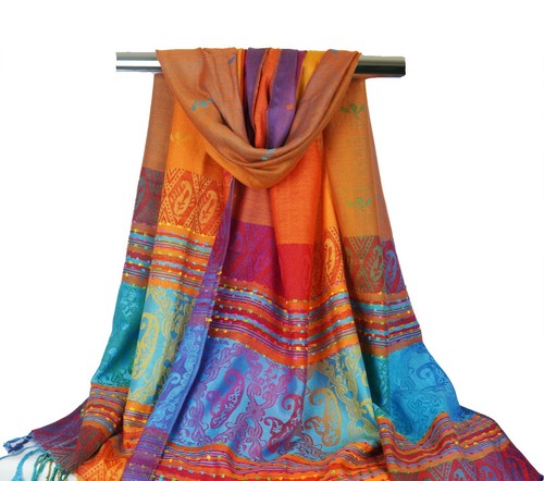 Women Rainbow Scarves Border Pashmina Long Cozy Shawl Silky Wraps Bohemian Scarf - Picture 15 of 16