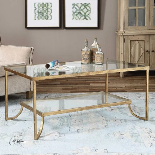 Katina Antique Gold Leaf Coffee Table With Shelf Forged Iron Uttermost 24540 - Picture 7 of 11