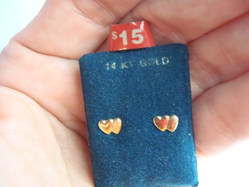 Solid 14kt Yellow Gold Double Heart Shape Stud Small Dainty Earrings New - Picture 8 of 15