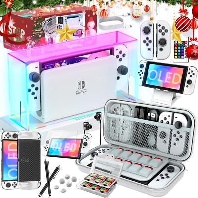 Nintendo Switch OLED Accessory Kit LED Cover,Dock Guard   Cool 25-Piece Bundle