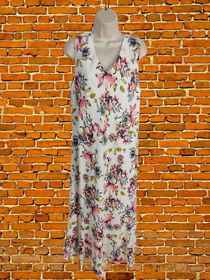 NEU MIT ETIKETT JULIPA GRÖSSE UK 20 PLUS WEISS GEBLÜMT ÄRMELLOS LEINENMISCHUNG SOMMER MID KLEID