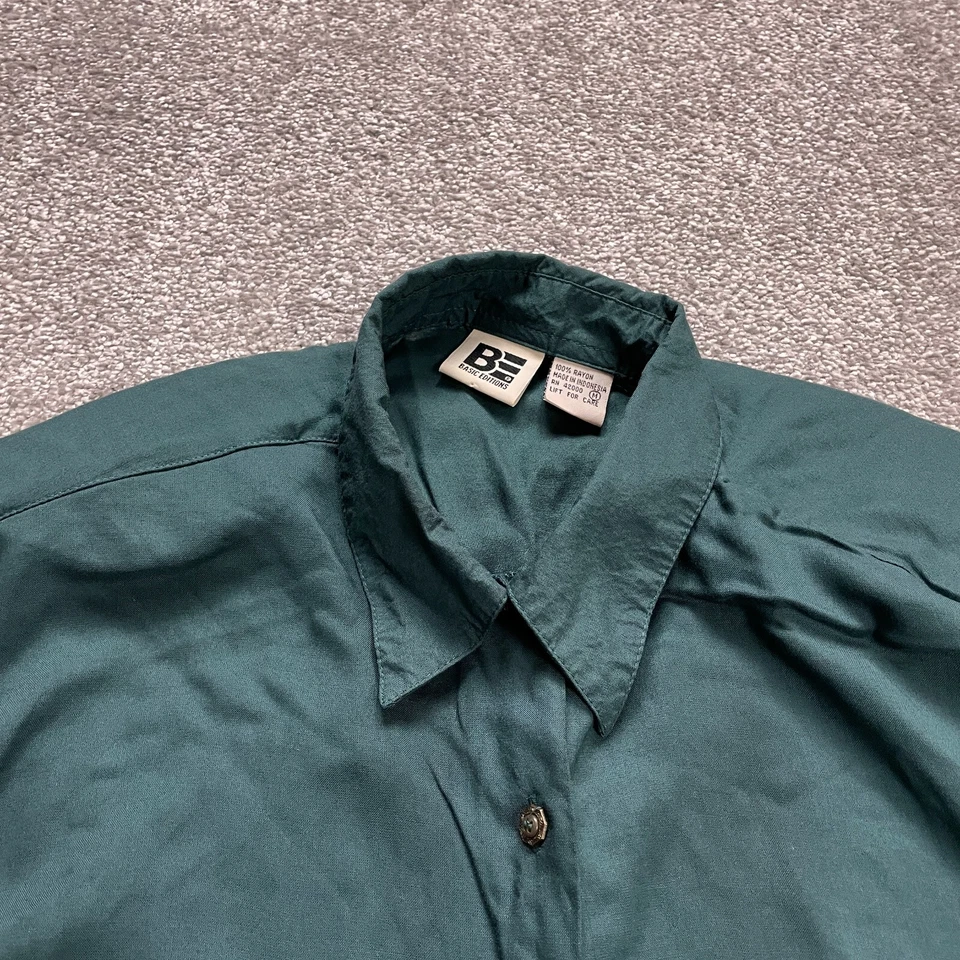 Basic Editions Button Up Shirt Womens Medium Green Rayon Long Sleeve Top Padded - Image 2 of 4