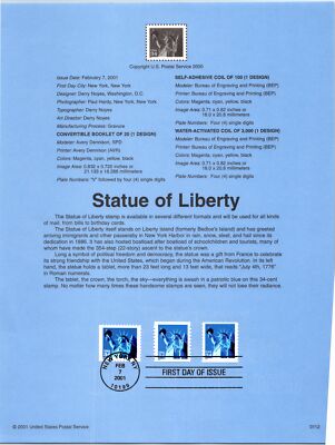 USPS SOUVENIR PAGE STATUE OF LIBERTY (3 DIFFERENT PRINTINGS) 2001