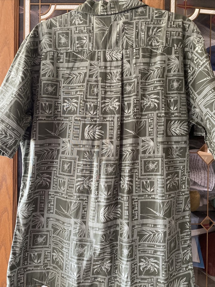 Palmwave Hawaiian Shirt Mens Sz Large Green Aloha Attire Palm Trees