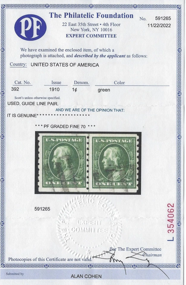 US Sc. # 392 - Coil Line Pair - Sound - 2022 PF Graded 70 Cert - SCV $500  (P-1) - Image 3 of 3