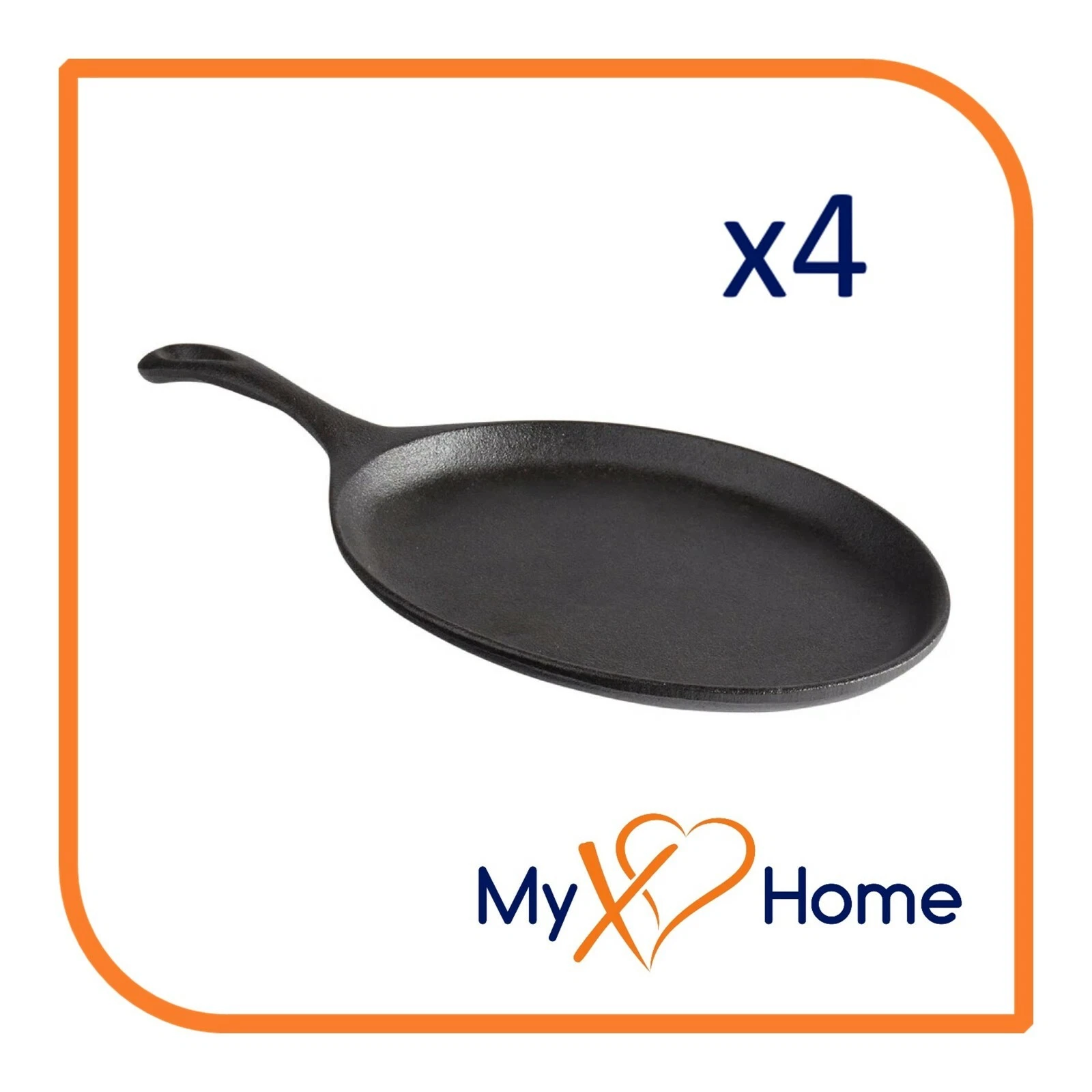 9 1/4" x 7" Oval Pre-Seasoned Cast Iron Fajita Skillet with Handle (4 Skillets)