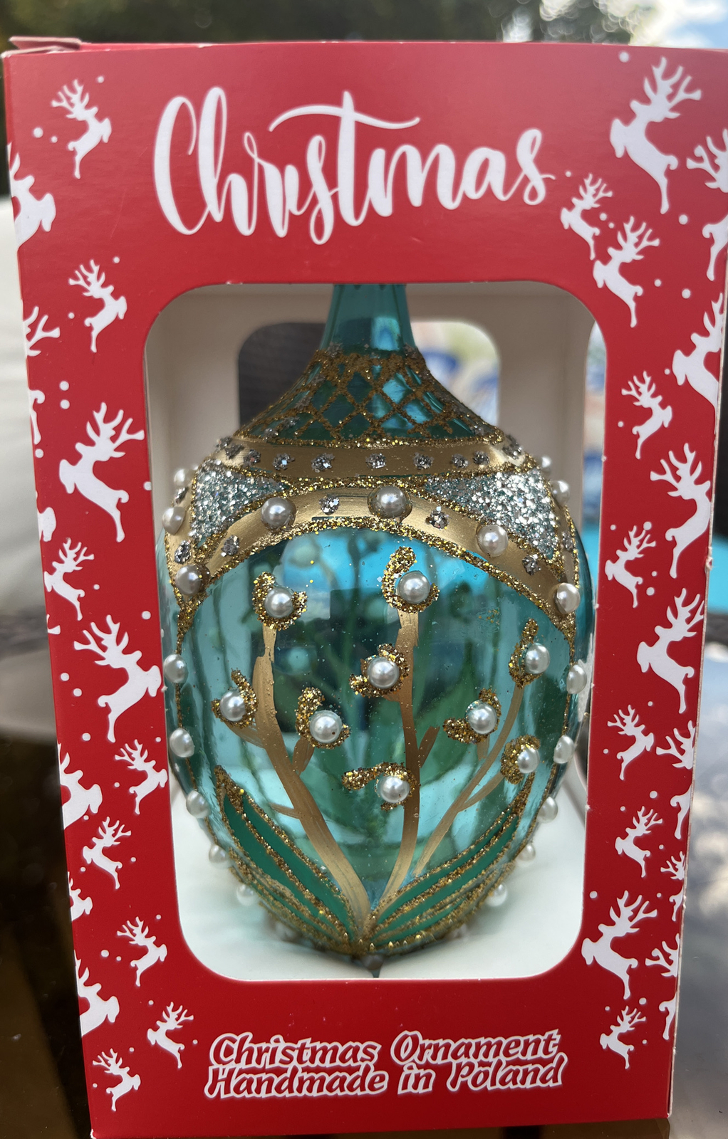 New SZKLODEKOR Mouth Blown Glass Ornament Egg Teal w/Faux Pearls