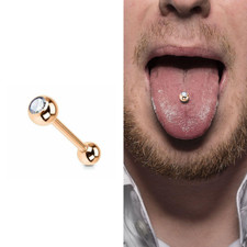 14G 5/8" CLEAR CZ GEM ROSE GOLD STEEL TONGUE BARBELL PIERCING RING BODY JEWELRY