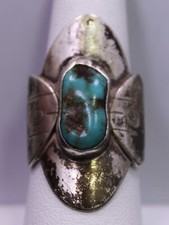 SIZE 8.75  Vintage Sterling Silver  Turquoise Southwestern Stampwork Wide Ring