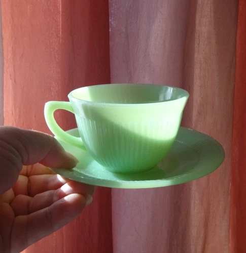 Vtg 1950s Fire King Jade Jadeite Green Coffee Tea Cup & Saucer