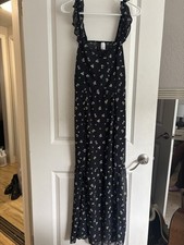 H&M Divided Black Floral Maxi Dress Ruffle Sleeves Open Back Medium