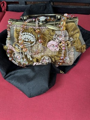 Gorgeous Mary Frances Evening Gold Shantung Embellished Rhinestone Handbag 